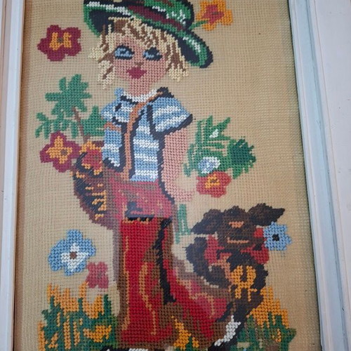 Vintage embroidered textile paintings with white wood frames, 1960s