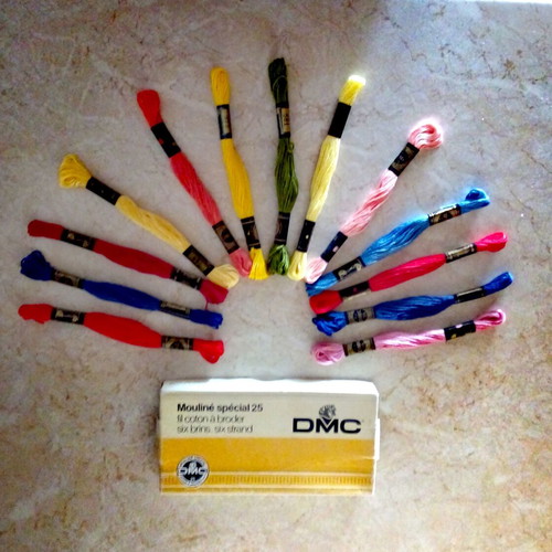 DMC embroidery threads used, assorted colors in original boxes