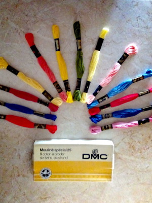 DMC embroidery threads used, assorted colors in original boxes