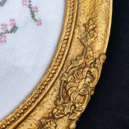 Vintage gobelin with birds used, golden baroque relief frame