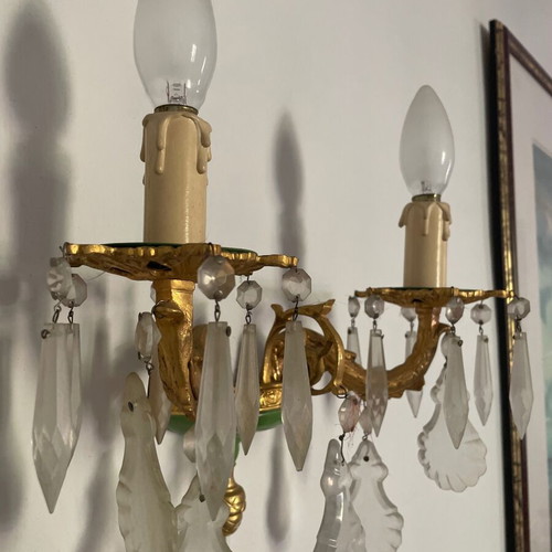 Classic vintage wall sconce with two lights, brass and crystals, like new, set of 2