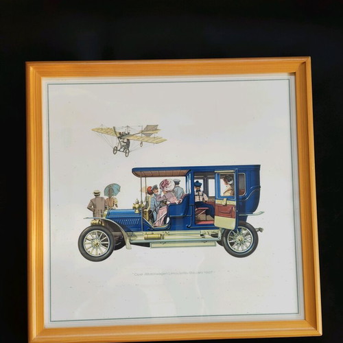 Collection of art prints with classic Opel car illustrations like new, 9 pcs