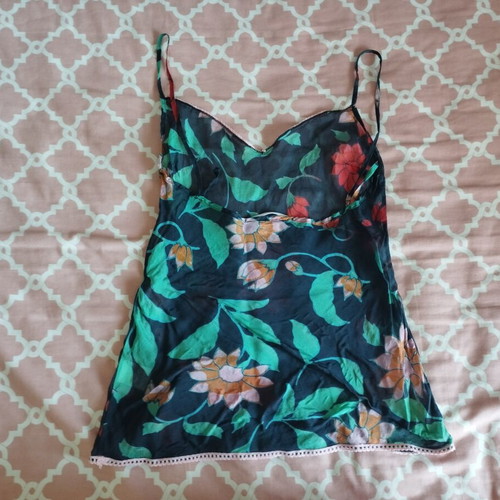 Nolita NYC dark blue see-through silk lingerie top with pink lace and floral print, size S