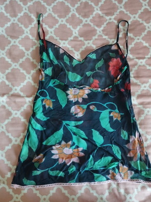 Nolita NYC dark blue see-through silk lingerie top with pink lace and floral print, size S
