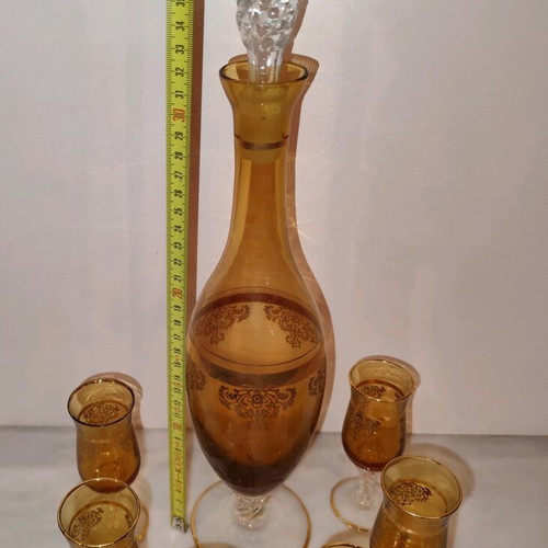Liqueur set used, decanter with stopper and 6 glasses, antique 1930