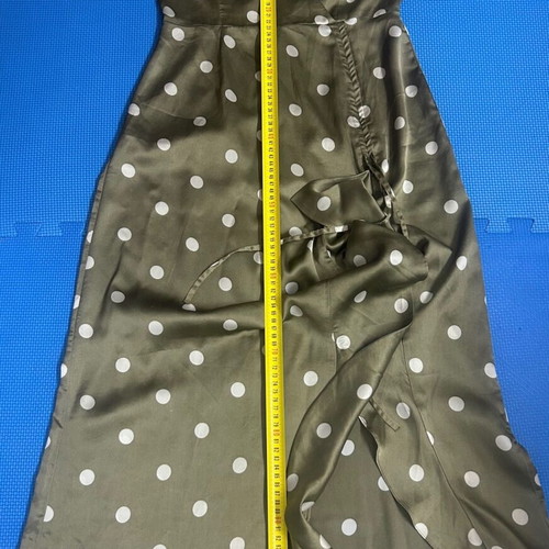 Zara Satin Khaki Polka Dot Open Shoulder Midi Dress Size Medium like new