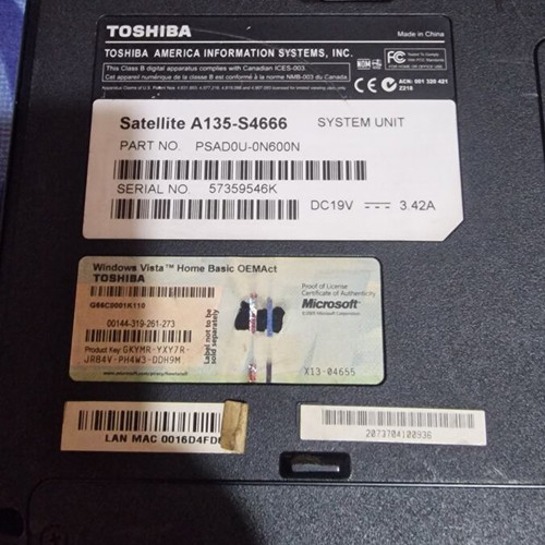 Toshiba Satellite A135-S4666 laptop, Intel T2080, 15.4 inch, WiFi, Windows 10