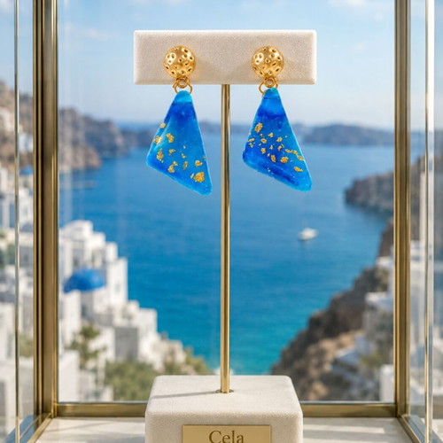 Handmade Aegean Blue Earrings with Liquid Glass and Gold Leaf