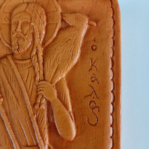 Jesus the Good Shepherd image new, made of wax, mastic and incense