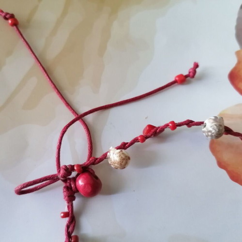Handmade anklet new with natural corals, shells and red waxed thread