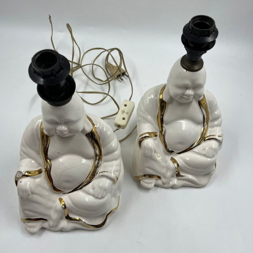 Buddha Table Lamps ceramic white with gold details set of 2 used