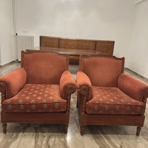 Classic armchairs set of 2 used, wooden frame, terracotta upholstery