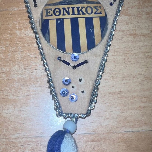 Ethnikos Piraeus Football Double-Sided Banner used, 1970s, 20cm with tassel
