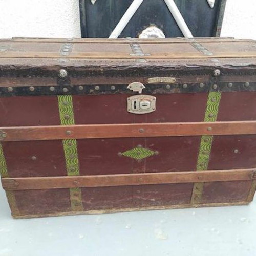 Wooden antique chest used with metal lining I.G. Velentzas