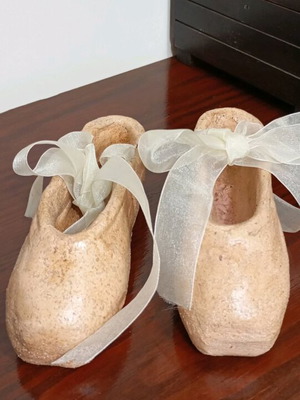 Handmade pointe shoes from terracotta with organza ribbons like new