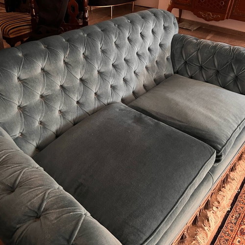 Vintage Spanish Chesterfield sofa set 3+2+armchair used, velvet petrol