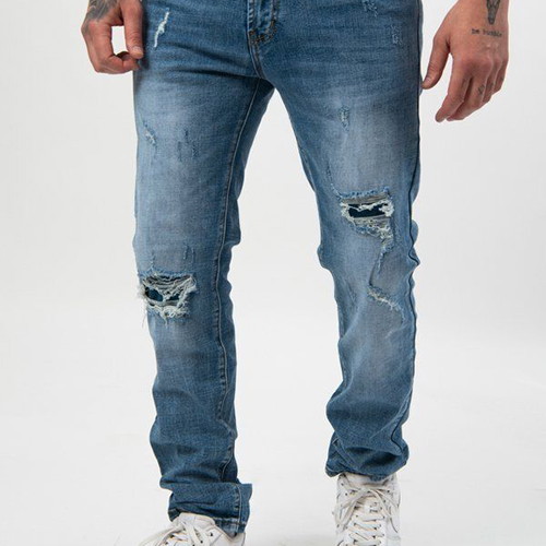 Distressed elastic regular-fit jeans like new, men's, blue