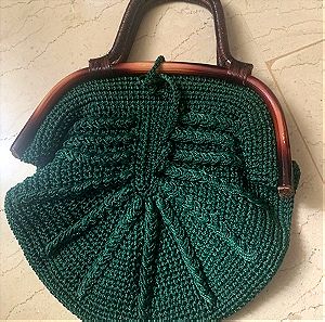 Zara vintage τσάντα χεριού πλεκτή πράσινη με χερούλι κοκκάλινο