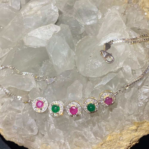 Handmade silver bracelet with natural emerald, ruby and moissanite, new
