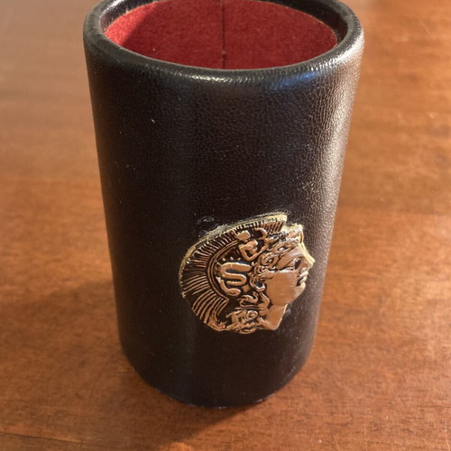 Vintage black faux leather pen holder like new with Greek helmet emblem