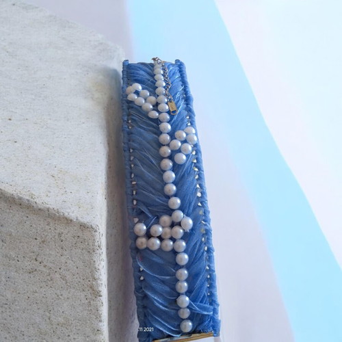 Handmade bracelet new with extension chains blue satin and white stones