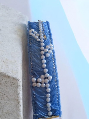 Handmade bracelet new with extension chains blue satin and white stones