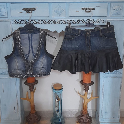 Cinema denim skirt and vest set with genuine leather like new
