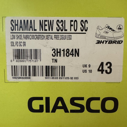 Giasco Shamal New S3L FO SC SR ESD Work Shoes Size 43 Black