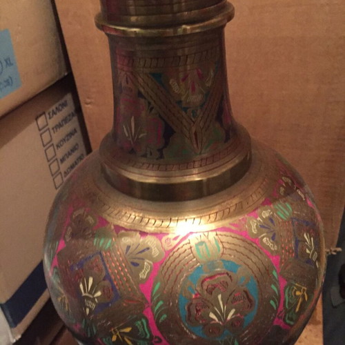 Floor vases used, pair of engraved metal