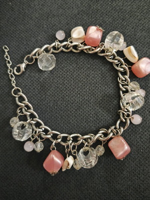 Faux silver bracelet with pink white-beige elements and crystals, slight wear
