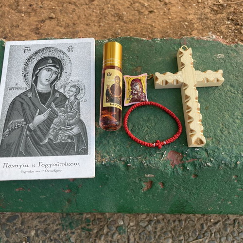 Gift set for August 15 with Athos prayer rope, myrrh, wooden cross, and pendant