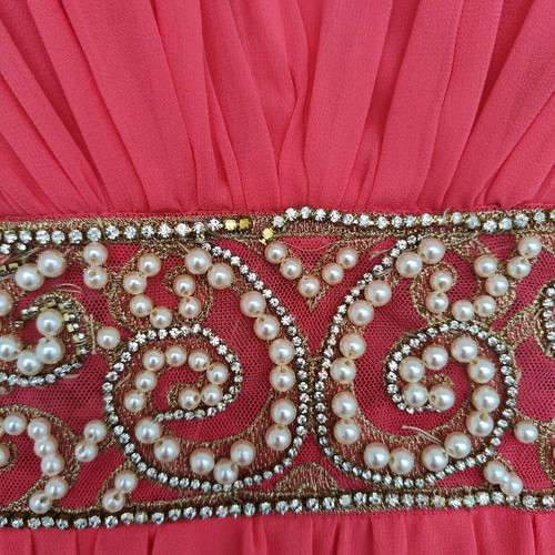Maxi dress like new coral/salmon with gold lace and pearls, size 40