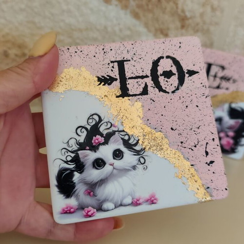 Handmade love cat coasters set of 2 large size