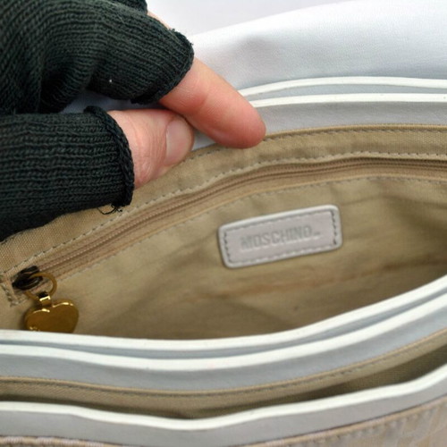 Moschino shoulder bag used, beige and white, canvas and leather