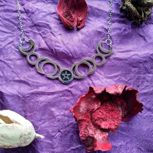 Moon Phase and Star Necklace new, silver stainless steel