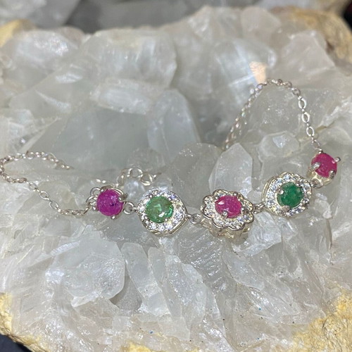Handmade silver bracelet with natural emerald, ruby and moissanite