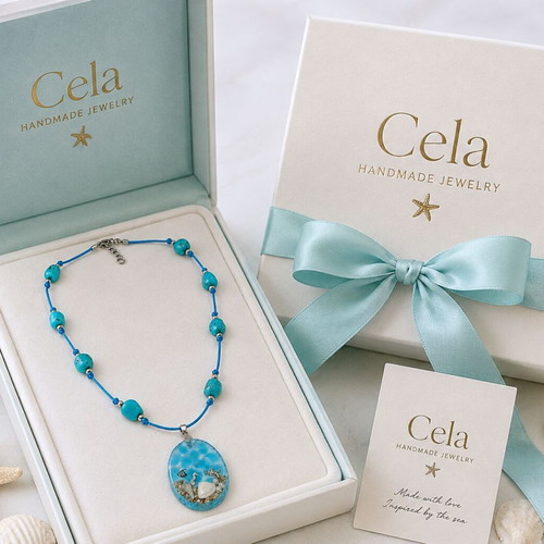 Handmade necklace with turquoise semiprecious stones and glass pendant