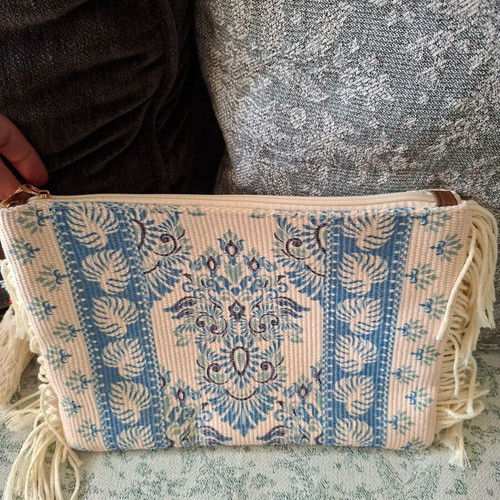 Aguablue Handbag new, blue and beige with fringes