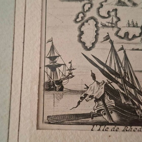 Engraving of Rhodes 1687 by O. Dapper used, copperplate with frame