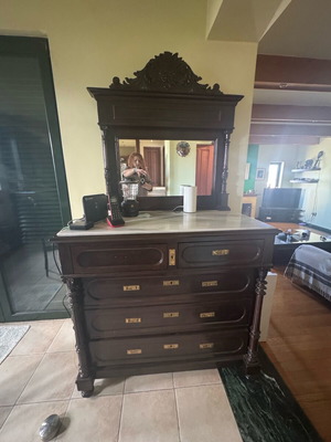 Dresser with mirror and marble used, solid wood with carving, 2 pieces