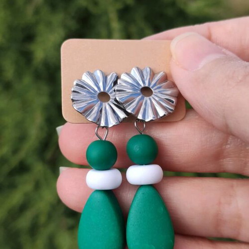 Handmade earrings new with green polymer clay beads and steel clasp