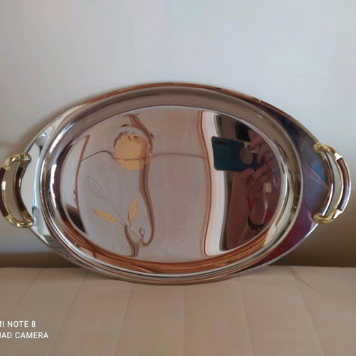 Stainless Steel Tray Set with 12 Wine/Liqueur Glasses and 2 Small Platters 24K Gold