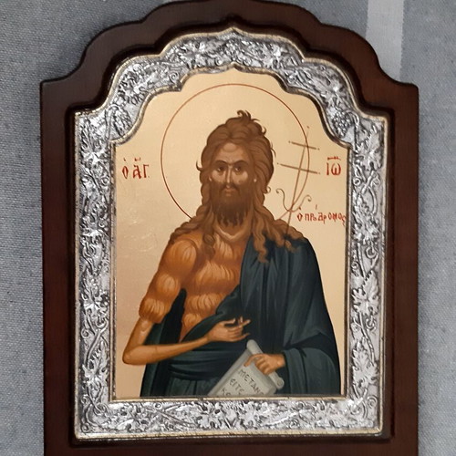 Silver icon Saint John the Baptist on wooden base