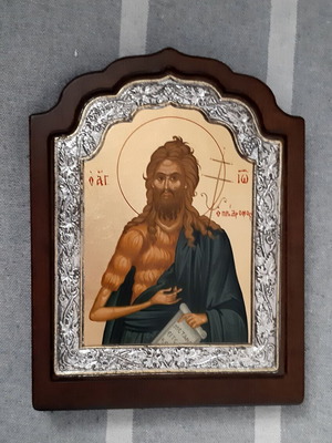 Silver icon Saint John the Baptist on wooden base