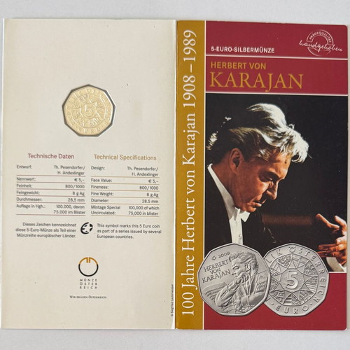 Austria 2008 5 Euro Coin Herbert von Karajan 100th Anniversary Silver BU Coincard