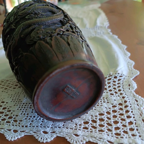 Wooden carved vases like new, solid ebony with dragons and flowers