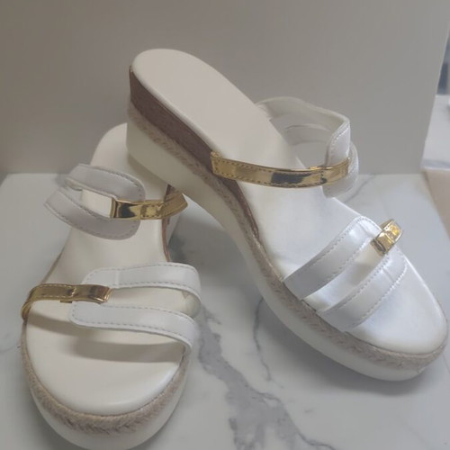 Women's sandals new with white straps and gold platform details