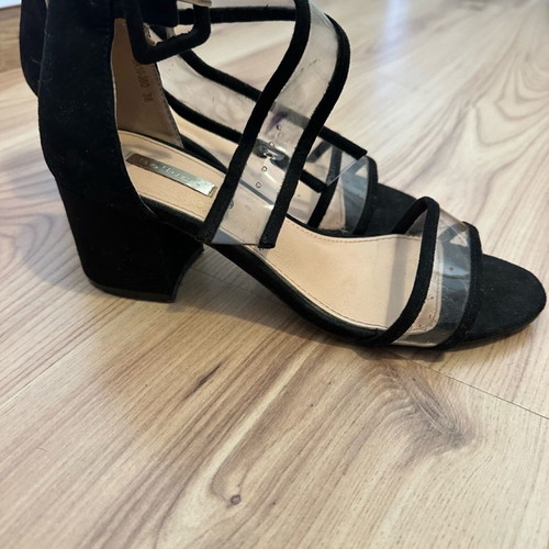 Black transparent sandals in very good condition, size 38, 5 cm heel