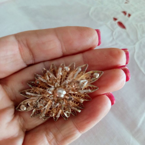 Vintage filigree sun brooch with pearls used