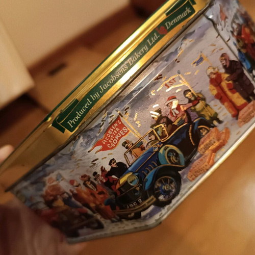 Vintage metallic box from Denmark like new, hexagonal with car design
